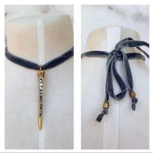 Velvet Mother of Pearl Brass Spike Pendant Choker Necklace